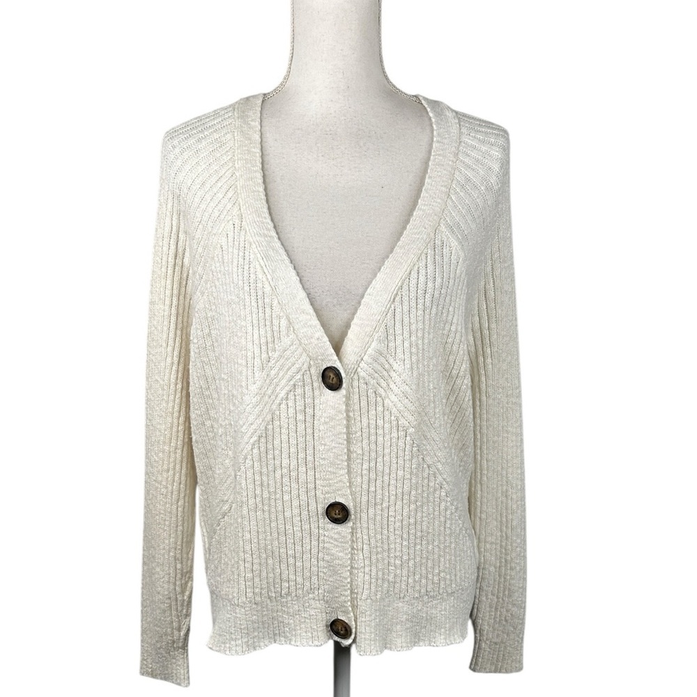 Time and Tru Cream Ribbed Knit Cotton Blend Winter Fall Cardigan Sweater Size XL
